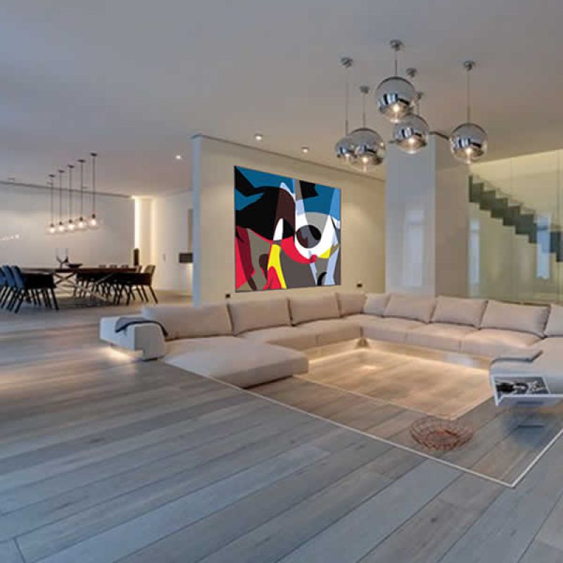 Groot abstract schilderij op diamantglas in een grote woonkamer straalt luxe uit